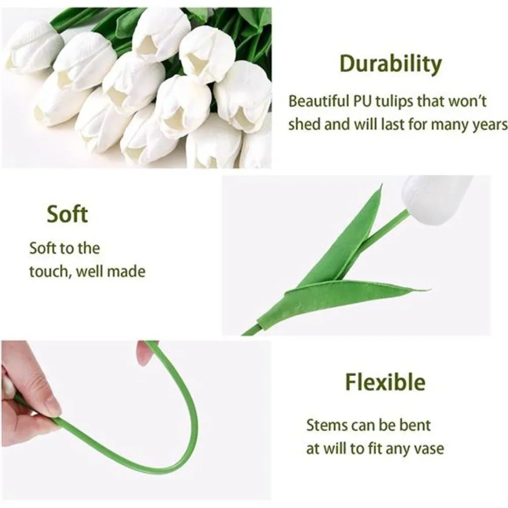 10 Pcs Tulips Artifical Flowers Real Touch Faux Tulip Stems Table Decor (White)